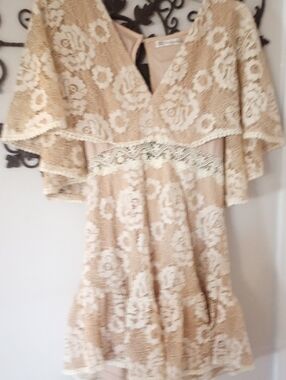Cream Lace-Overlay Mini Dress with Flutter Sleeves
